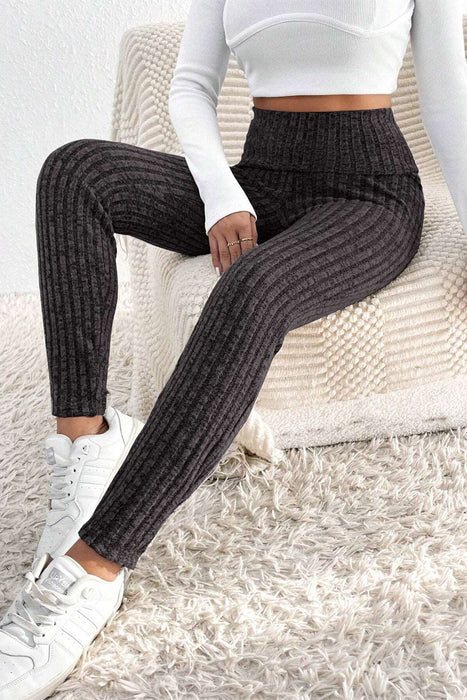 Gray Wide Waistband Ribbed Textured Knit Leggings Dark Grey