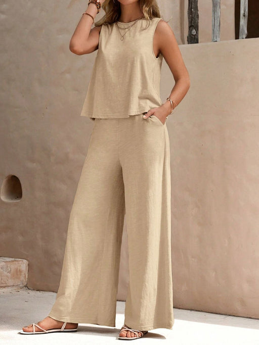 Round Neck Sleeveless Top and Wide Leg Pants Set Beige