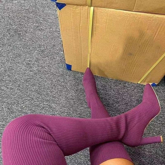 knit knee high boots Purple