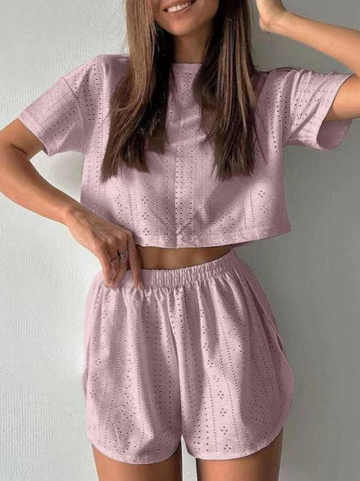 Eyelet Round Neck Top and Shorts Set Dusty Pink