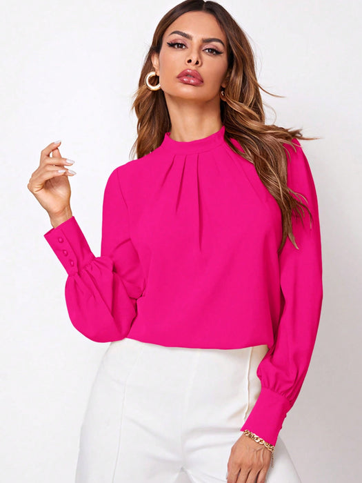 Ruched Mock Neck Long Sleeve Blouse Hot Pink