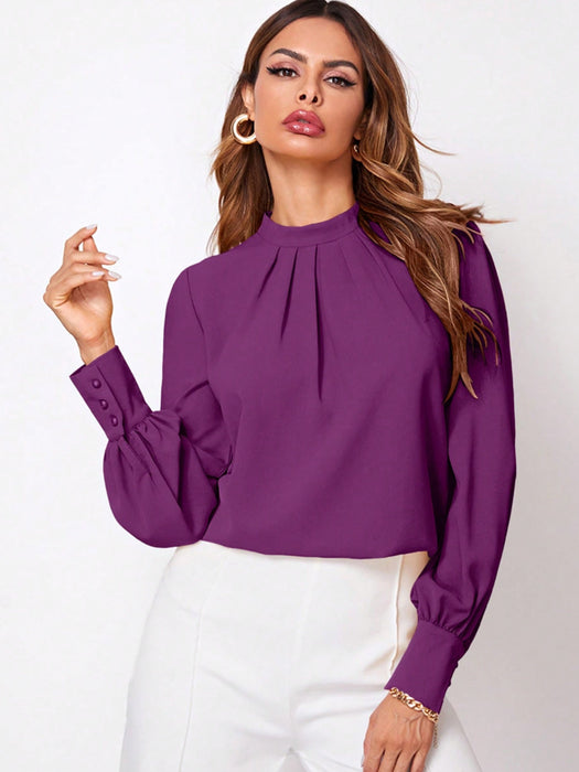 Ruched Mock Neck Long Sleeve Blouse Purple