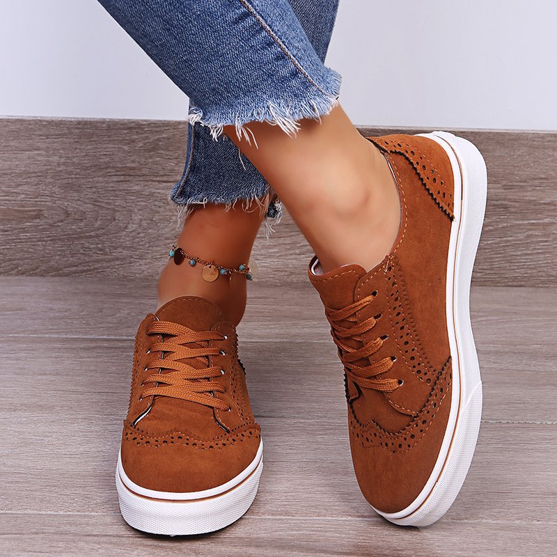 Lace-Up Suedette Flat Sneakers Brown