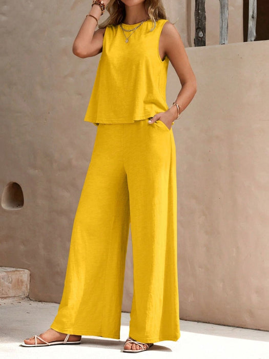 Round Neck Sleeveless Top and Wide Leg Pants Set Gold