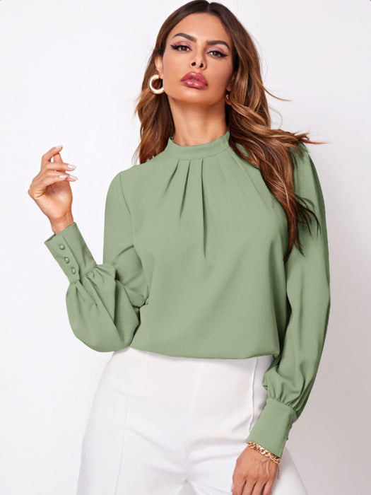 Ruched Mock Neck Long Sleeve Blouse Gum Leaf