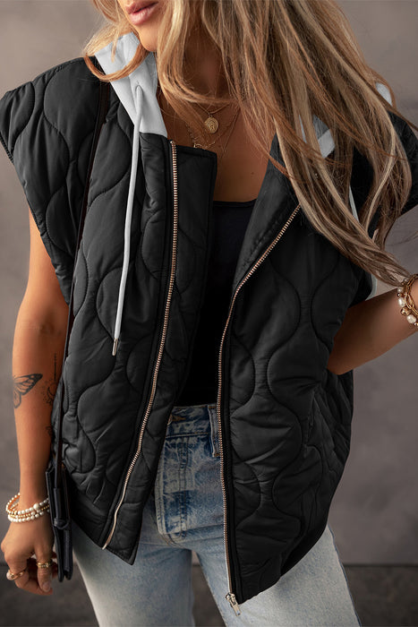 Drawstring Zip Up Hooded Vest Coat Black